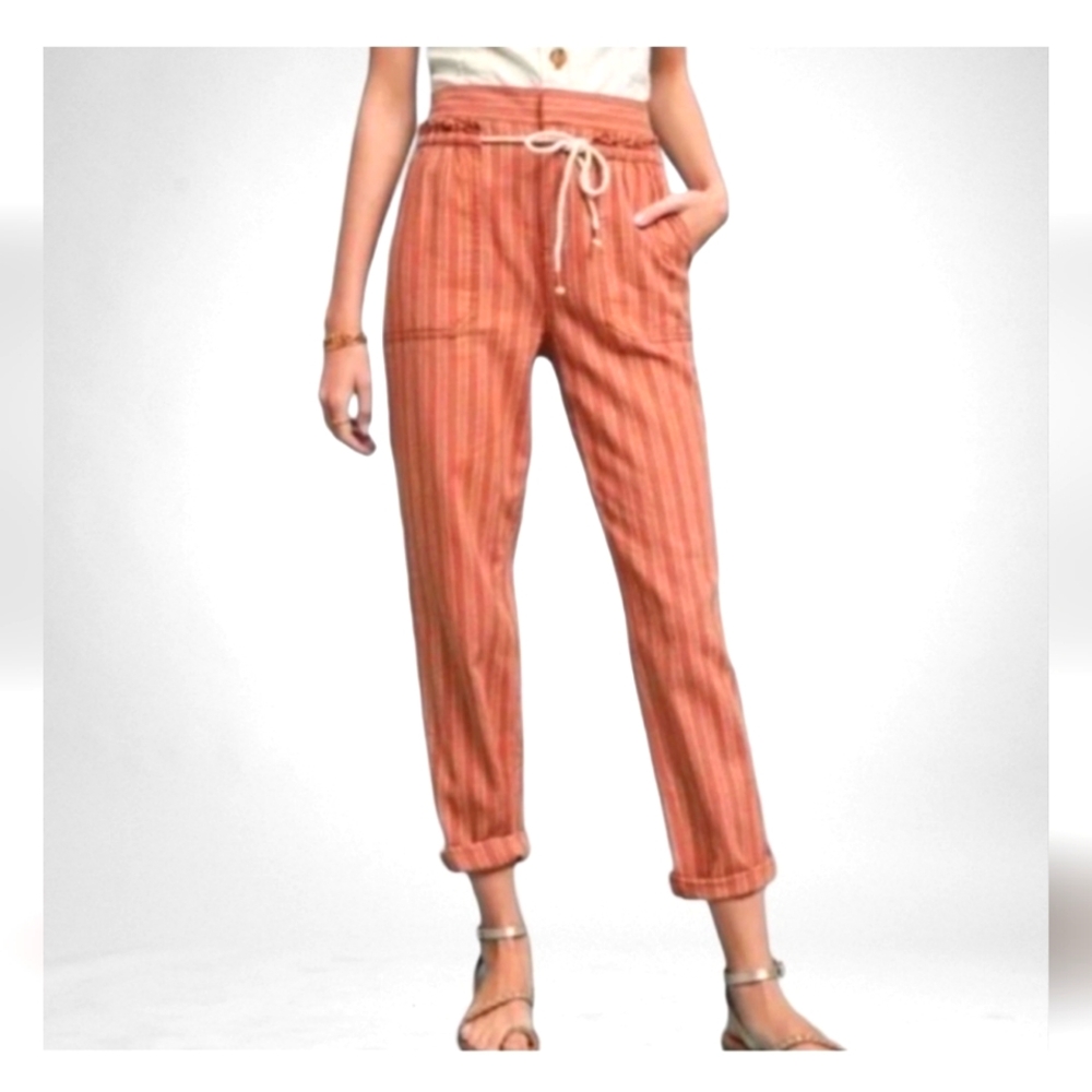 Anthropologie Seashore Linen & Cotton Pants with Rope Tie, XS, Terracotta Stripe